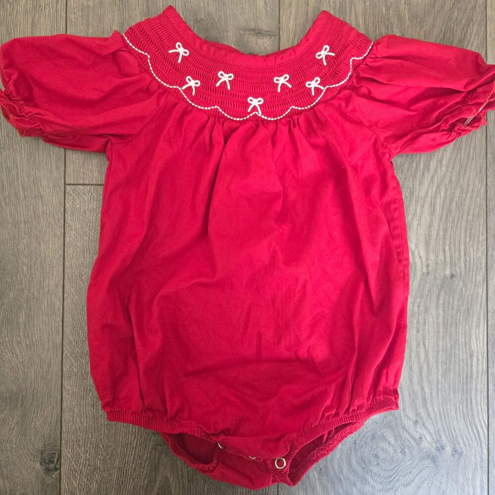 Girls Red Smocked Romper Bodysuit 12-18 Months Cotton Embroidered Bow